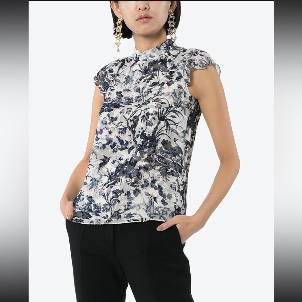 Erdem Opal Printed Silk Blouse Cap Sleeve Ruffle Top Blue White Frida Jouy